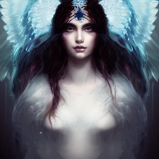 Image similar to head and shoulders portrait of an angelic creature, dark fantasy, mystic, abstract background, feminine beauty, elegant, intricate, face, medium shot, trending on artstation, volumetric light, by Fernanda Suarez and Karol Bak