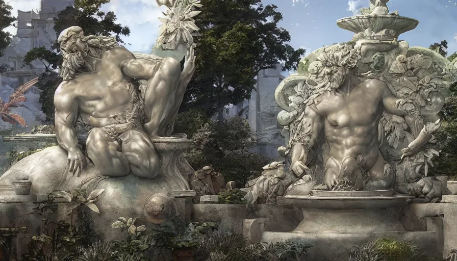 Prompt: craig mullins and studio ghibli illustration of a relief sculpture of the sun by michelangelo on top of a fountain in a garden, flowers, unreal engine, hyper realism, realistic shading, cinematic composition, realistic render, octane render, detailed textures, photorealistic, wide shot