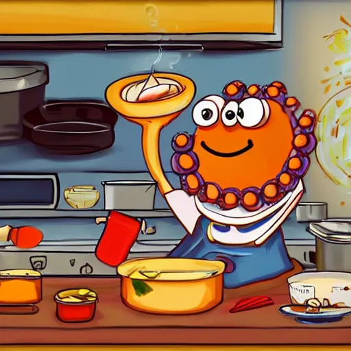 Image similar to anthropomorphic octopus chef cooking a delicious colorful soup, digital painting, youtube video thumbnail