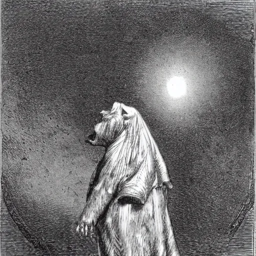 Image similar to pig, tuxedo, illustration by Gustave Doré, high detail, eerie, creepy, dark, night, misty, moon, chiaroscuro, film noir