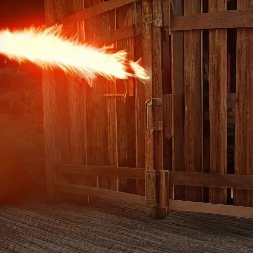 Image similar to A wizard launching a fireball at a wooden gate, 4k, highly detailed, octane render