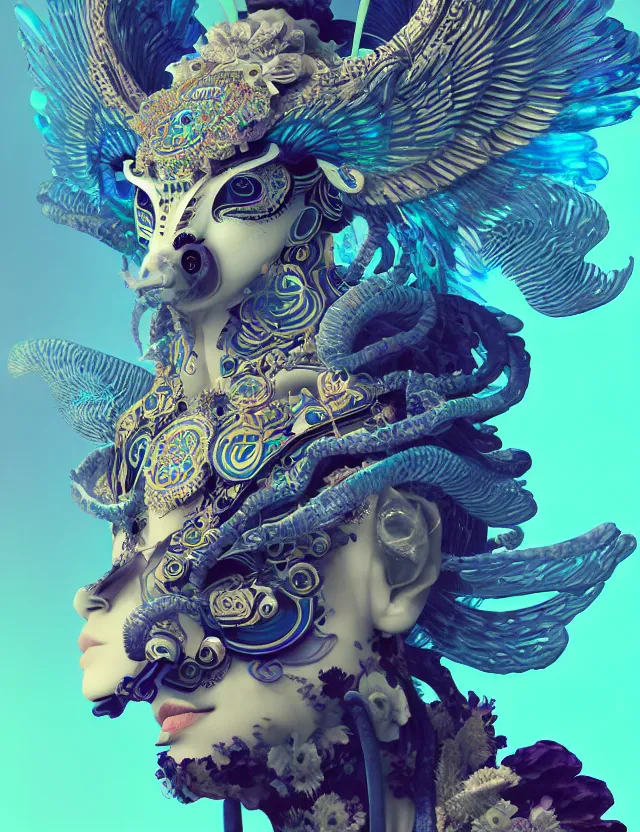 Image similar to 3 d goddess close - up profile solarpunk portrait ram skull. beautiful intricately detailed japanese crow kitsune mask and clasical japanese kimono. betta fish, jellyfish phoenix, bio luminescent, plasma, ice, water, wind, creature, artwork by tooth wu and wlop and beeple and greg rutkowski