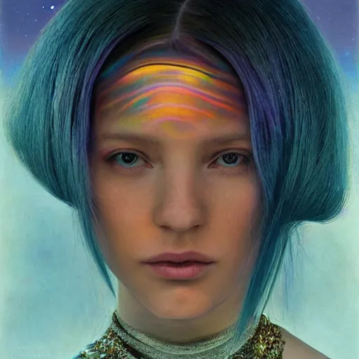 Image similar to A beautiful portrait of a woman with iridescent skin by James C. Christensen, scenic environment and blue hair