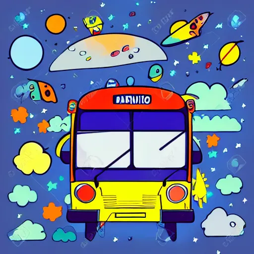 Image similar to a bus riding a rainbow in space, cartoon art, colorful