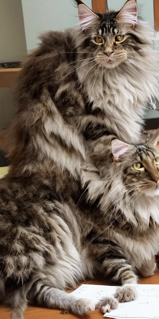 Image similar to a wise old maine coon explaining the beauty of mathematics to mouse