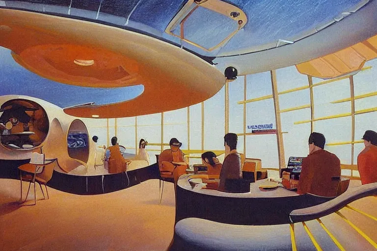 Image similar to coffee shop in a spaceship by robert theodore mccall