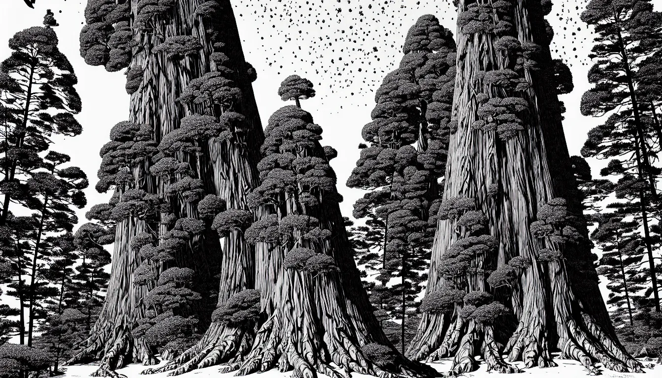 Prompt: giant sequoia by woodblock print, nicolas delort, moebius, victo ngai, josan gonzalez, kilian eng