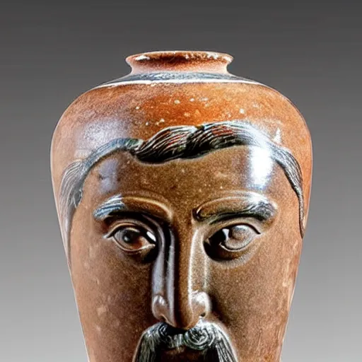 Image similar to a beautiful ancient greek amphora museum ceramic pottery vase depicting stalin waving