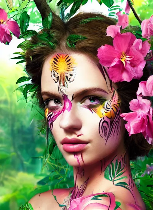 Prompt: a beautiful portrait of a beautiful woman in the jungle surrounded by pink flowers, tribal face paintings, matte painting, fantasy art