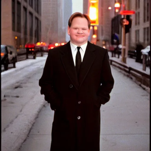 Prompt: 1 9 9 8 andy richter wearing a beige long overcoat over a black suit and necktie standing on the streets of chicago at night in winter.