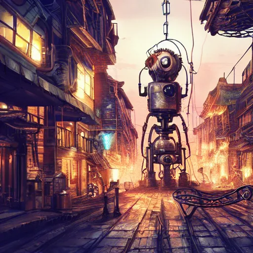Prompt: a steampunk town, robot, fire, ash, electricity lightning, furry, soft, concept art, sharp focus, intricate details, highly detailed, photorealistic, octane render, iridescent, anime