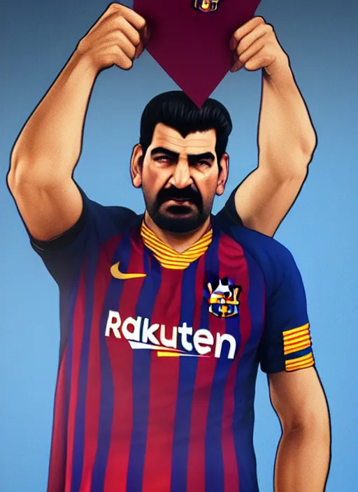 Image similar to portrait of sadam hussain, head and torso, fc barcelona jersey number 1 0, dark blue, maroon red, unreal engine 5, trending on artstation, master piece, octane render, art by artgerm and greg rutkowski and alphonse mucha