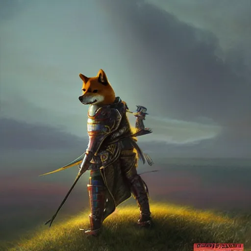 Image similar to anthropomorphic shiba inu, knight red armor, standing on hill of dead enemies, stuning fantasy 3 d render, masterpiece, glowing dark aura, by donato giancola and greg rutkowski and wayne barlow and zdzisław beksinski, realistic face