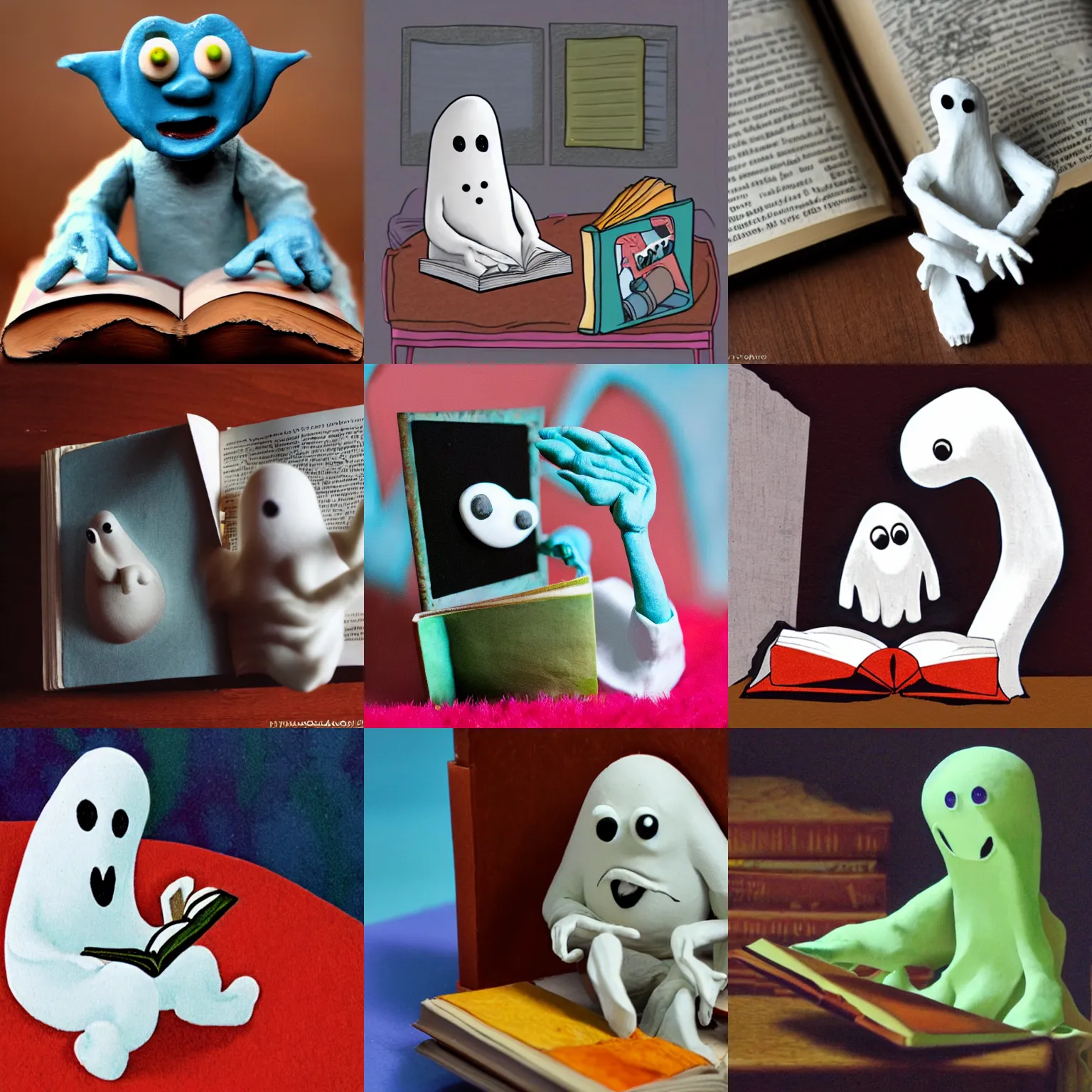 Prompt: claymation ghost reads a book