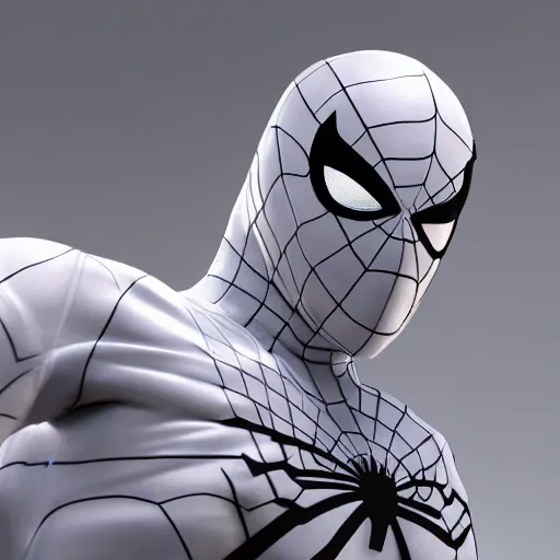 Image similar to white spider - man suit with black web lining, cinematic, volumetric lighting, realistic, hyperdetailed, photorealistic, photograph