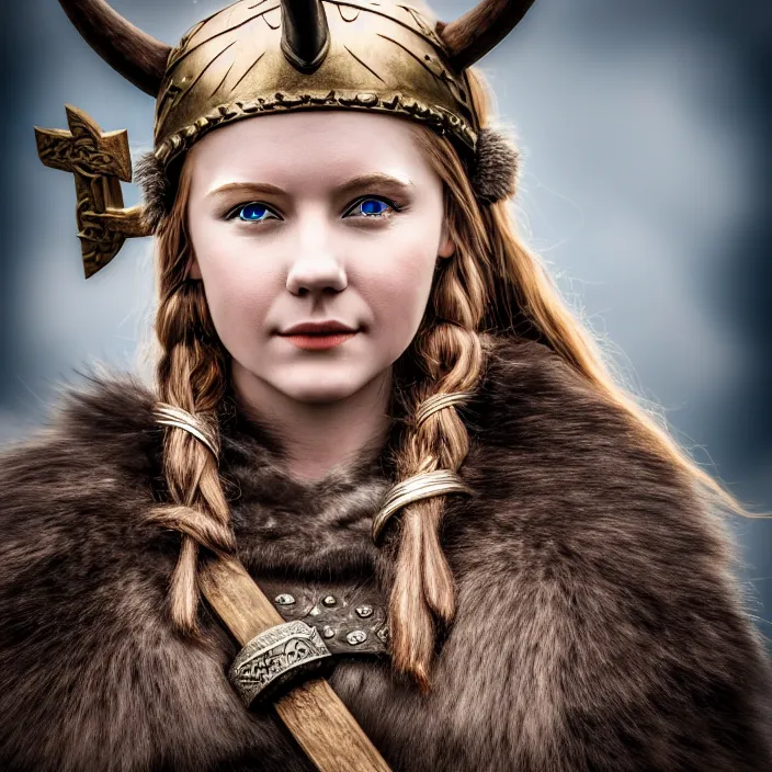 Image similar to photo of a very cute! beautiful young adult viking queen, highly detailed, 4 k, hdr, smooth, sharp focus, high resolution, award - winning photo