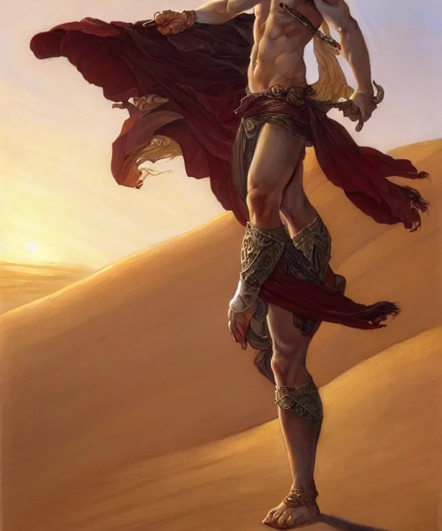 Prompt: An extremely agile and confident warrior standing atop a large sand dune, handsome clean shaven young face, straight hair, fantasy, intricate, elegant, highly detailed, digital painting, artstation, concept art, smooth, sharp focus, illustration, art by artgerm and greg rutkowski and alphonse mucha