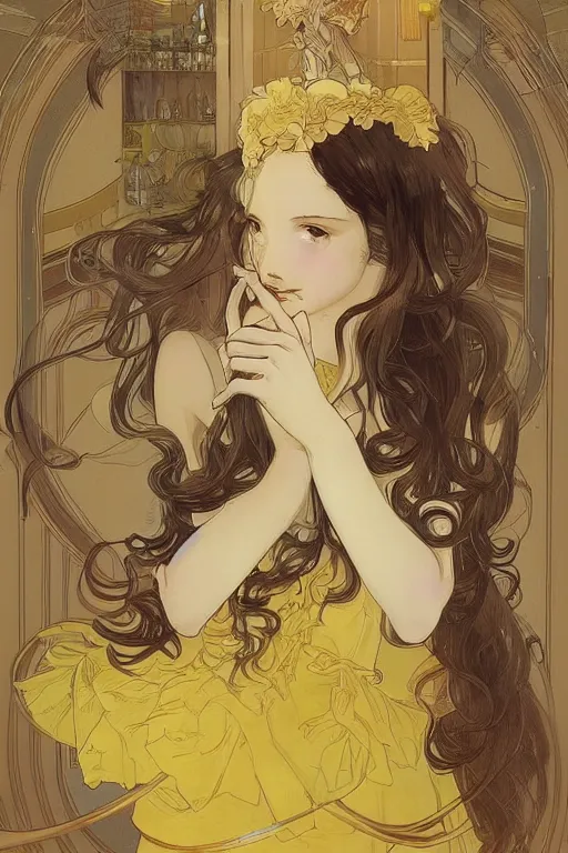 Image similar to A girl in a maid's outfit in a cafe a afternoon, wavy hair yellow theme,S line,45 angel by mucha and range murata and greg rutkowski