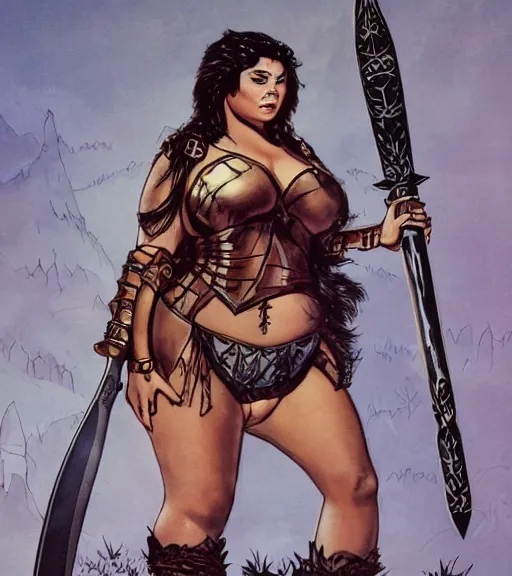 Image similar to 1 9 8 0 s fantasy novel book cover, bbw plus size amazonian miranda cosgrove in extremely tight bikini armor wielding a cartoonishly large sword, exaggerated body features, dark and smoky background, low quality print