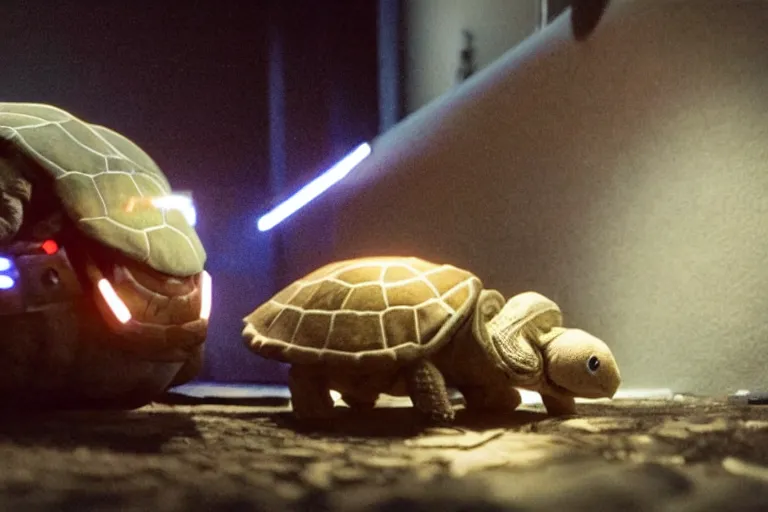 Image similar to cyborg stuffed turtle plushie in cyberspace, in 2 0 5 5, y 2 k cybercore, industrial low - light photography, still from a ridley scott movie