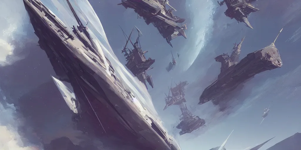 Image similar to 1400's Frigate featured in no mans sky concept art, highly detailed, soft colors, art by by Charlie Bowater, by Mark Brooks