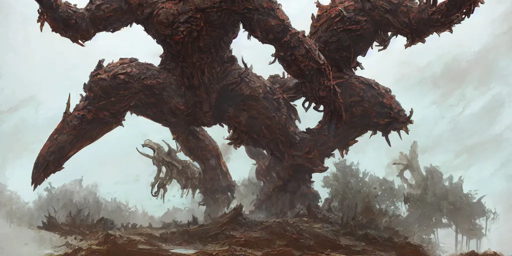 Image similar to Rusty Bronze four armed statue like colossus, character design sheet, Monster Hunter Illustrations art book, giant, trees growing on its body, enormous hands, long limbs, horns on its head, bright pale blue eyes, Moebius, Greg Rutkowski, Zabrocki, Karlkka, Jayison Devadas, Phuoc Quan, trending on Artstation, 8K, ultra wide angle, zenith view, pincushion lens effect.