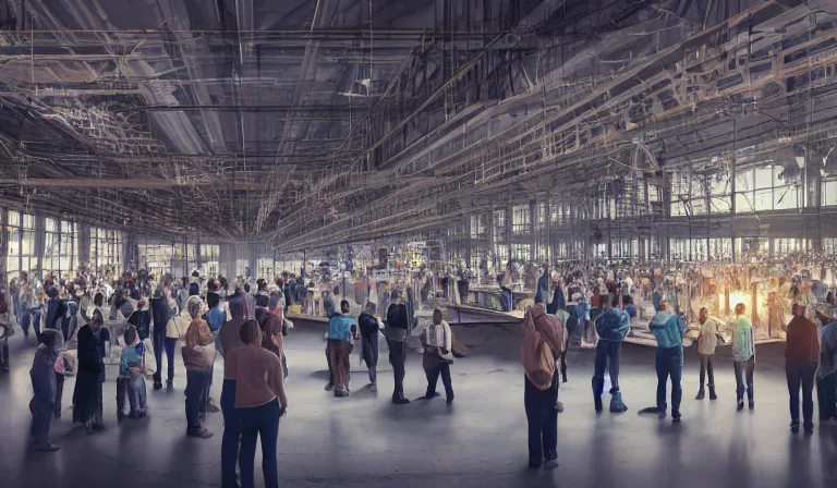 Prompt: large group people in simple warehouse, looking at hologram of futuristic downtown on a table, cinematic concept art, godrays, golden hour, natural sunlight, 4 k, clear details, tabletop model towers, center model towers, hologram center, crane shot, crane shot, crane shot, clear details, windows