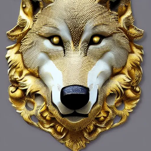 Image similar to gorgeous wolf statue portrait with gold filigree