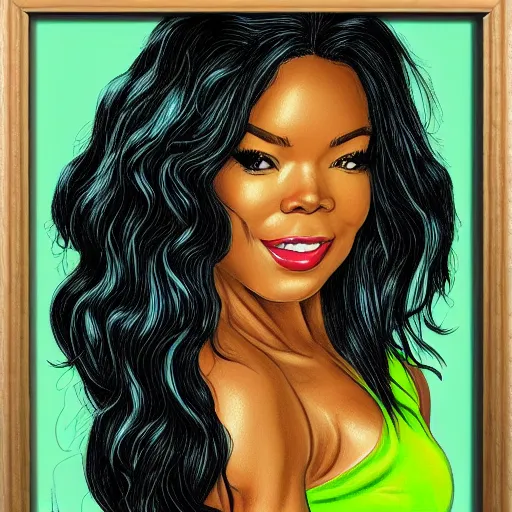 Image similar to Actress Gabrielle Union as She-Hulk, intricate, poster framed, pinup style, highly detailed, artstation, illustration, Gene Espy, Peter Temple, George Sportelli, Mitch Foust, Mike Hoffman, Garrett Blair, Mark Brown, Alex Miranda, Michael Bair, Eric Parker, Gene Espy, Mitch Foust, Peter Temple, Eric Parker, David Miller, Alex Miranda, Jay Fife, Brendon Fraim, David Bancroft, Al Rio, Mark Brown, Brian Fraim , Joe Rubinstein, Josh Templeton, Quinton Hoover, Eric Parker, Jim Sandersv Kevin Conrad, Michael Bair, Bob Layton