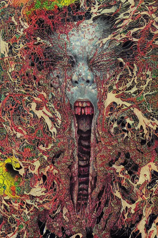 Prompt: realistic detailed image of a Body ripping apart, Conjuring Psychedelic by Shintaro Kago, Neo-Gothic, gothic, rich deep colors. Beksinski painting, part by Adrian Ghenie and Gerhard Richter. art by Takato Yamamoto. masterpiece