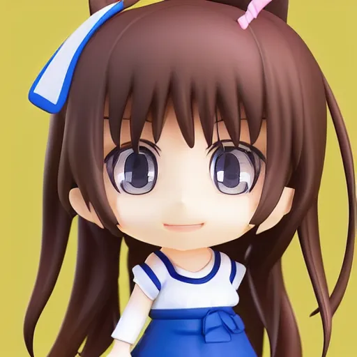 Image similar to character face portrait of a singular kawaii chibi in the sytle of kyoto animation, in simple background, nendoroid eyes, blender, toon rendering, toon shader, anime waifu, ukiyoe