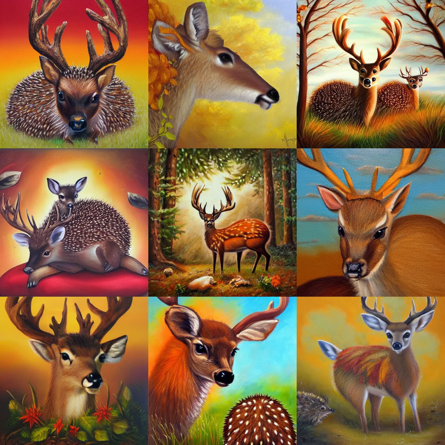 Prompt: a deer, a hedgehog sitting on the deer's head, warm colors, cute, oil on canvas, romantic, warm, realistic