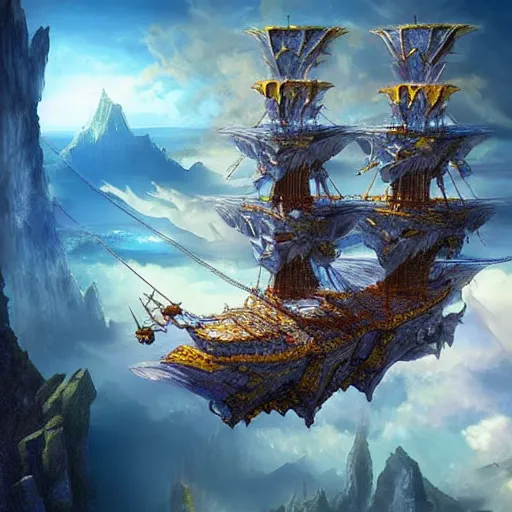 Image similar to fantasy crystal magic skyship flying over dramatic landscape, highly detailed, beautiful