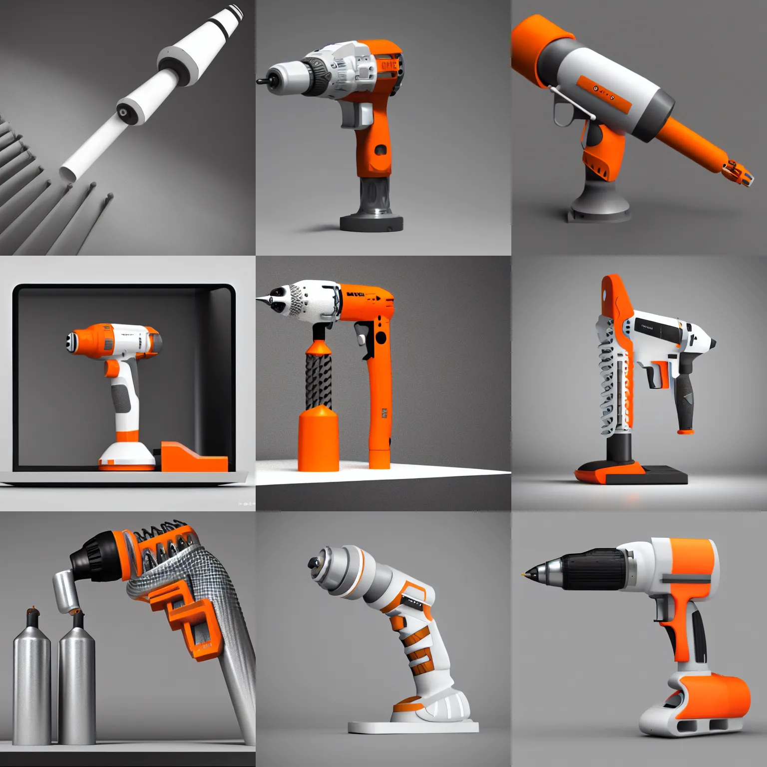 Prompt: cad render of futuristic drill, parametric solid works, ( design by apple ), studio photo, white and grey, orange details, octane render