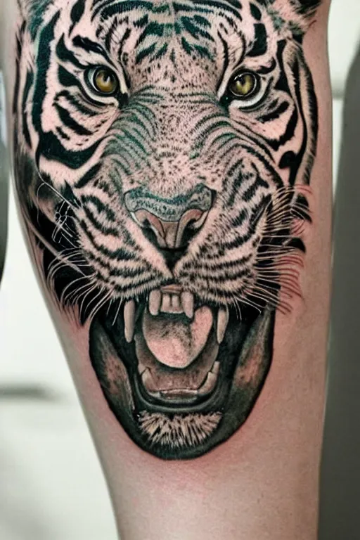 Image similar to tattoo of a tiger, detailed, colored