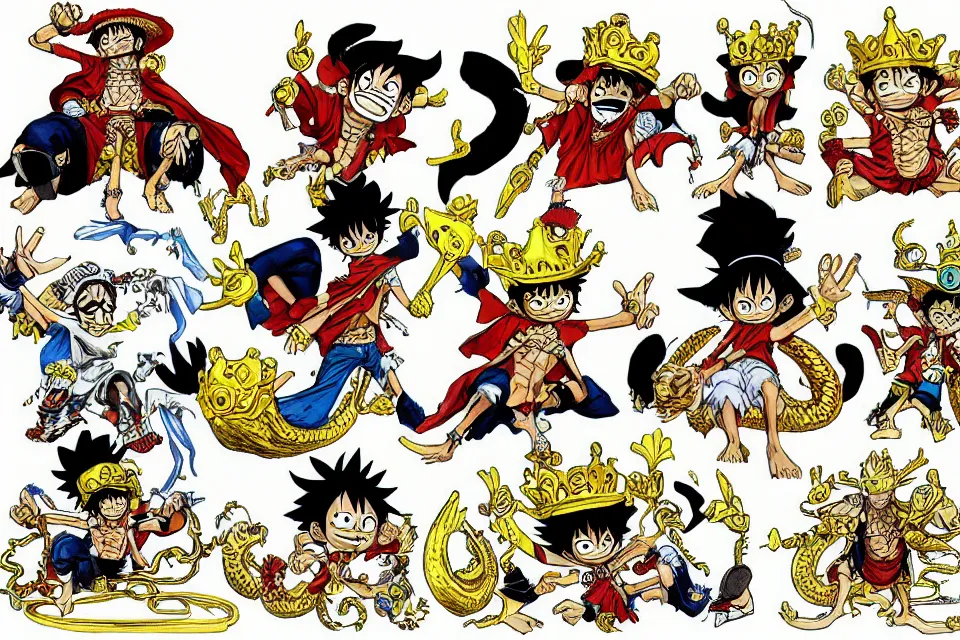 Image similar to concept sketches of luffy wearing a gold crown riding a large dragon by jamie hewlett, in the style of megaman, micro detail