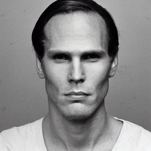 Prompt: A mugshot portrait of a man who looks like Jerma985 with short length wavy hair and a slightly receded hairline, wearing mid 1980s menswear in the late 1980s, taken in the late 1980s, grainy, realistic, hyperrealistic, very realistic, highly detailed, very detailed, extremely detailed, detailed, trending on artstation, front facing, front view, headshot and bodyshot, detailed face, very detailed face