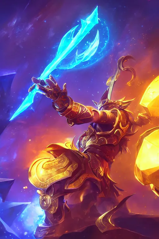 Image similar to a magical golden weapon, d & d, league of legends, concept art, blue background, dramatic lighting. realistic, epic legends, game icon, global illumination, ian pesty