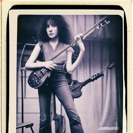 Prompt: Girl holding guitar, girl using violin bow on guitar, violin bow, electric guitar, long shaggy-haired rocker, wearing denim, proto-metal concert, live concert, 1972, super 8mm, Polaroid