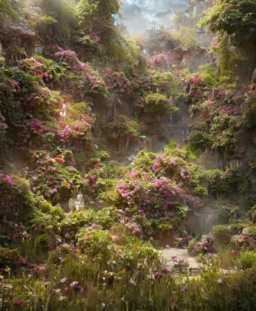 Prompt: Hyperrealistic Secret flower garden, fantasy, highly detailed, digital painting, trending artstation, concept art, illustration, art by Greg Rutkowski, octane render