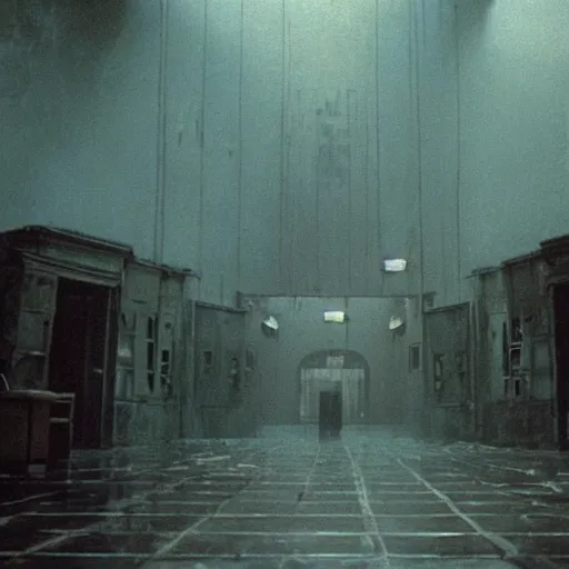Image similar to an ominous lunatic insane asylum. still from blade runner