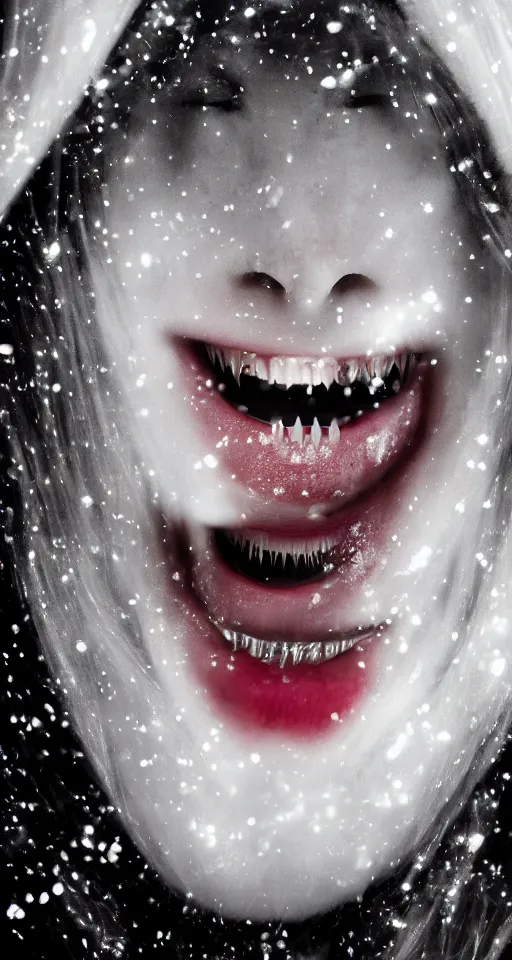 Image similar to up close shot of mouth with diamond grills with vampire fangs, houston, winter, dark scenery, dark lighting, cinematic, cold freezing nights, laser lights, crybernetic, top floor boss shit, destroy lonely, black floor, lavish, luxurious, marble walls, cinematic, hyper realism, high detail, octane render, 8 k