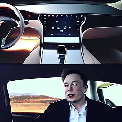 Image similar to “Elon musk the discord moderator who is so white from no sunlight. Eyes red from looking at the screen for too long. Sitting in his Tesla using the car screen as a computer.”