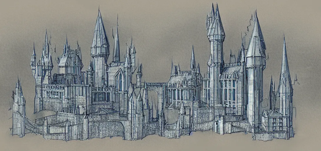 Image similar to blueprints for hogwarts castle, concept art, blueprint,