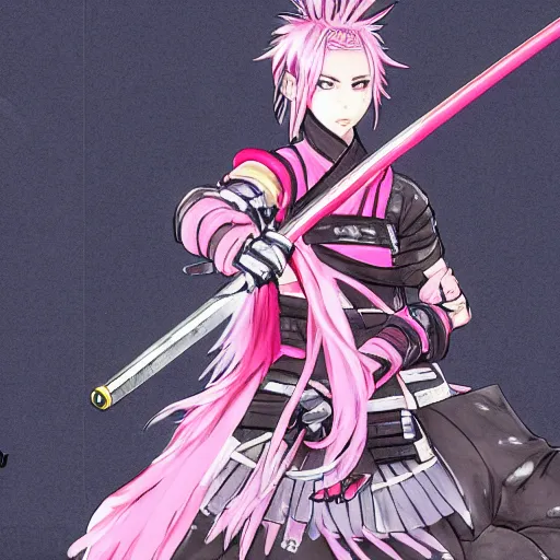 Prompt: An anime girl with pink hair, holding a katana, in samurai outfit, drawn by Yoji Shinkawa, highly detailed, trending on art station, sci-fi themed, dynamic posing