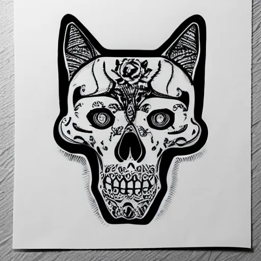 Image similar to cat skull outline, black ink on white paper