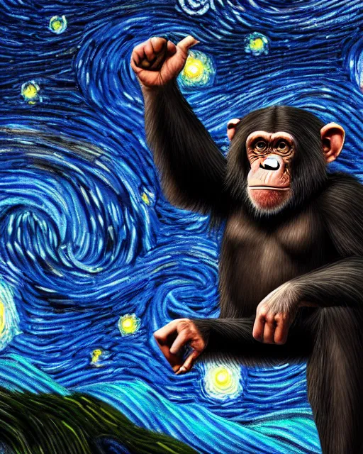 Image similar to very detailed high resolution illustration of a mystical chimpanzee, backlit, starry night, surrounded, 3 d, 8 k, extremely detailed, artstation, award winning