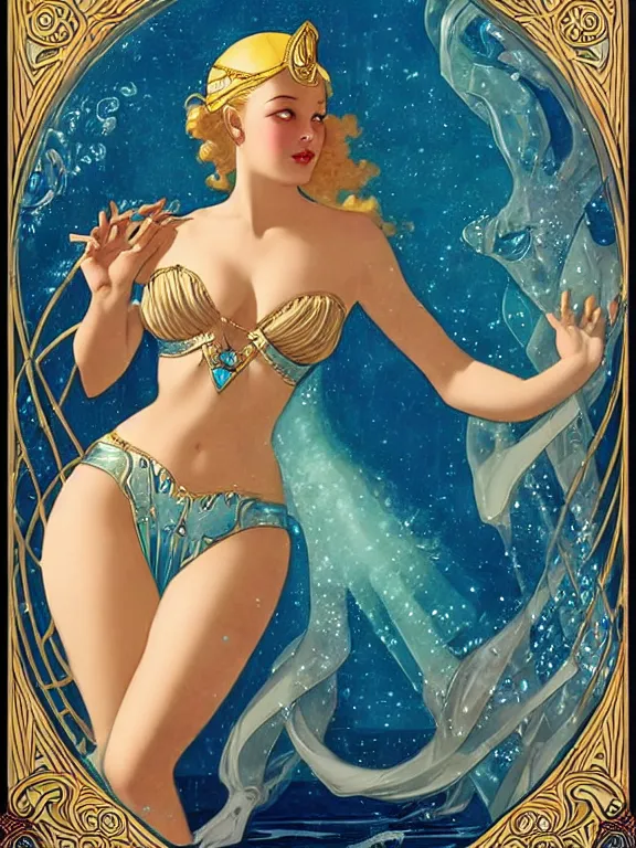 Prompt: princess kida the high queen of ancient atlantis, a beautiful art nouveau portrait by Gil elvgren, beautiful underwater city environment, centered composition, defined features, golden ratio, silver jewelry, stars in her gazing eyes