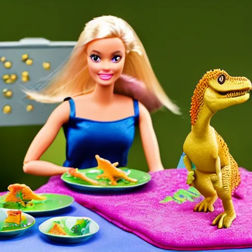 Image similar to barbie eating dinosaurs
