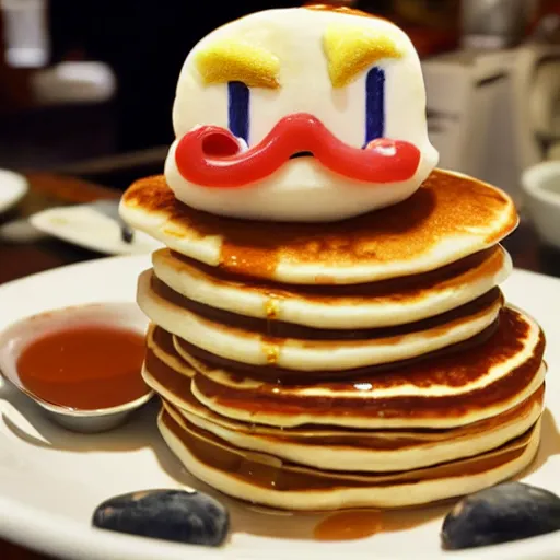 Image similar to Donald Trump anthropomorphic pancake stack, food photography